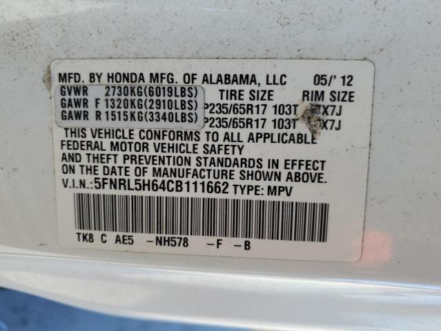 5FNRL5H64CB111662 - 2012 HONDA ODYSSEY EXL WHITE photo 13