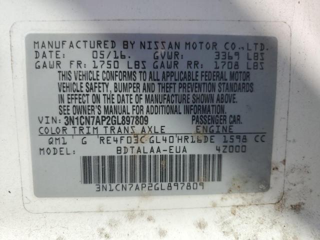 3N1CN7AP2GL897809 - 2016 NISSAN VERSA S Ақ фото 13