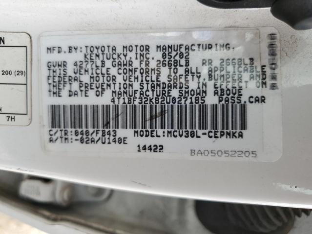 4T1BF32K82U027185 - 2002 TOYOTA CAMRY LE WHITE photo 12