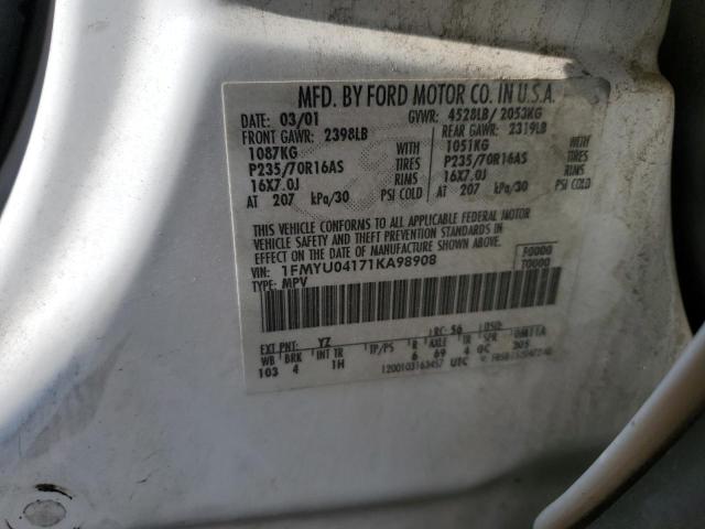 1FMYU04171KA98908 - 2001 FORD ESCAPE XLT SILVER photo 13