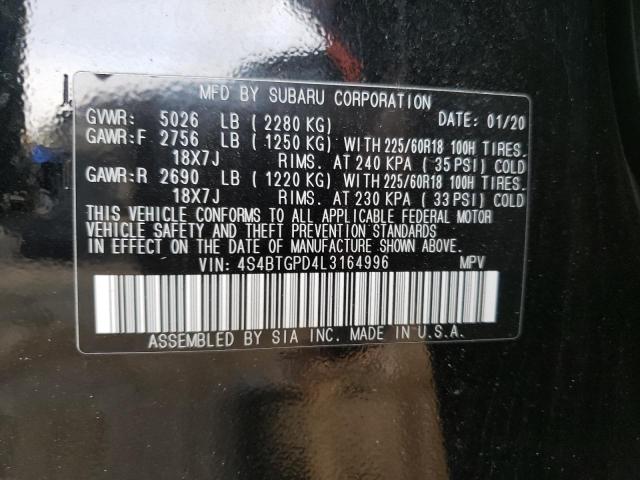 4S4BTGPD4L3164996 - 2020 SUBARU OUTBACK TOURING LDL BLACK photo 13