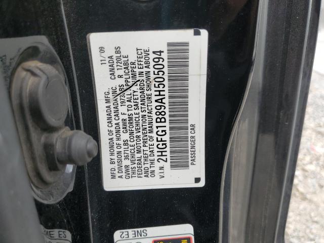 2HGFG1B89AH505094 - 2010 HONDA CIVIC EX BLACK photo 12