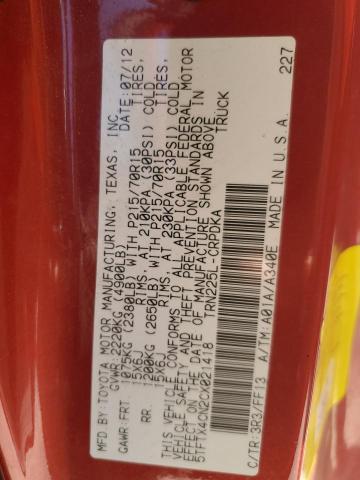 5TFTX4CN2CX021418 - 2012 TOYOTA TACOMA ACCESS CAB Bordeaux photo 12