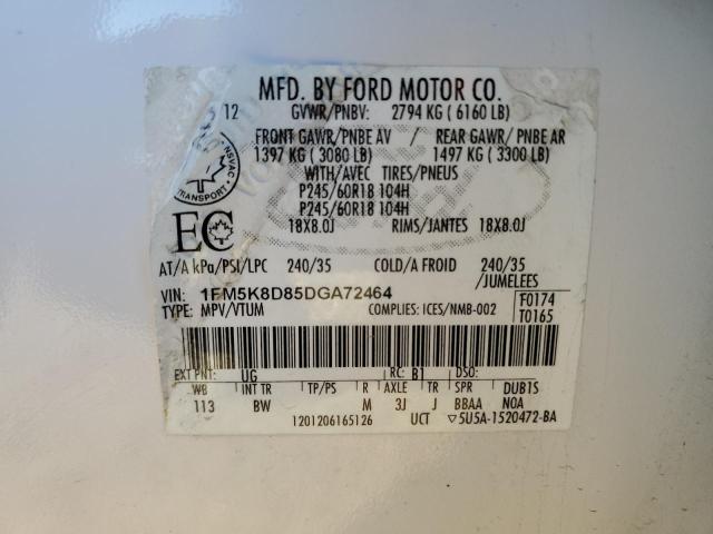 1FM5K8D85DGA72464 - 2013 FORD EXPLORER XLT Ақ фото 13