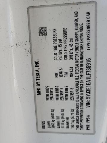 5YJ3E1EA1LF785916 - 2020 TESLA MODEL 3 თეთრი ფოტო 13