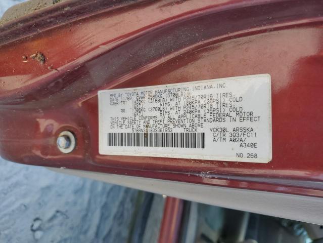 5TBRN34183S361953 - 2003 TOYOTA TUNDRA ACCESS CAB SR5 BURGUNDY photo 12
