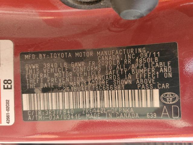 2T1BU4EE1BC666981 - 2011 TOYOTA COROLLA BASE RED photo 12