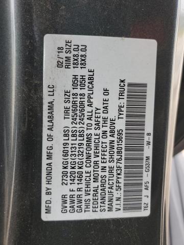 5FPYK3F76JB015695 - 2018 HONDA RIDGELINE RTL Gris photo 13