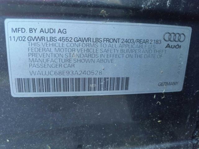 WAUJC68E93A240528 - 2003 AUDI A4 1.8T GRAY photo 10