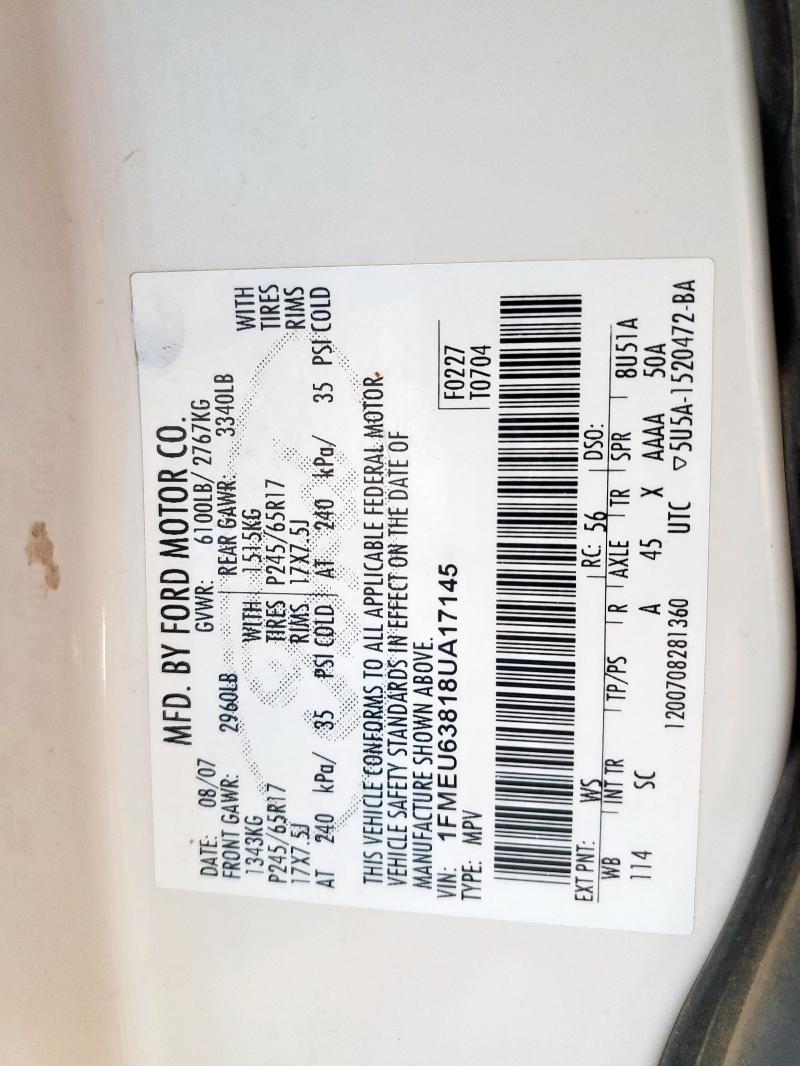 1FMEU63818UA17145 - 2008 FORD EXPLORER XLT WHITE photo 13