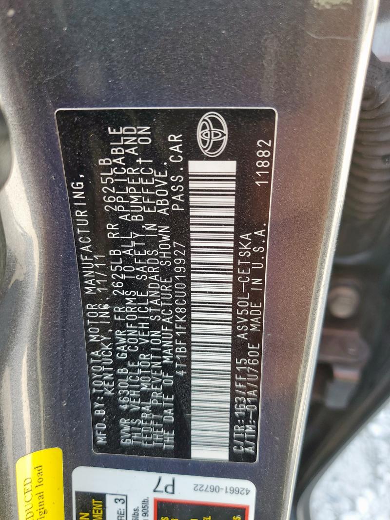 4T1BF1FK8CU019927 - 2012 TOYOTA CAMRY BASE GRAY photo 13