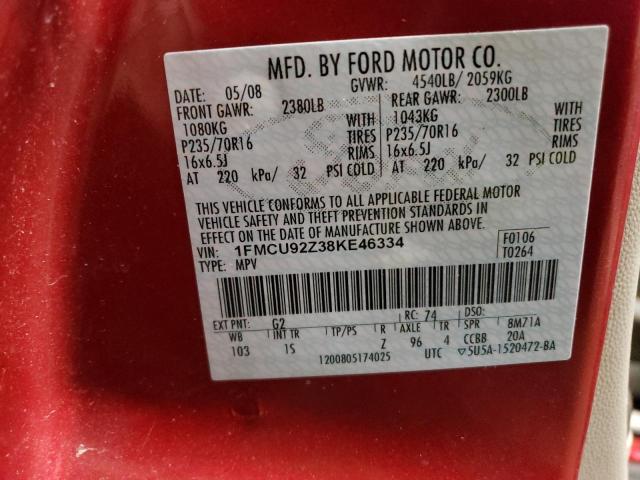 1FMCU92Z38KE46334 - 2008 FORD ESCAPE XLS BURGUNDY photo 12