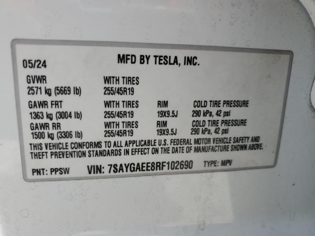 7SAYGAEE8RF102690 - 2024 TESLA MODEL Y WHITE photo 12