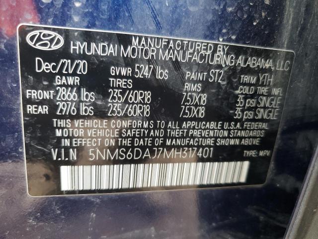 5NMS6DAJ7MH317401 - 2021 HYUNDAI SANTA FE SEL BLUE photo 13