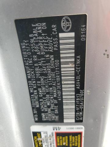 4T4BF3EK1BR171100 - 2011 TOYOTA CAMRY BASE Gümüş foto 12