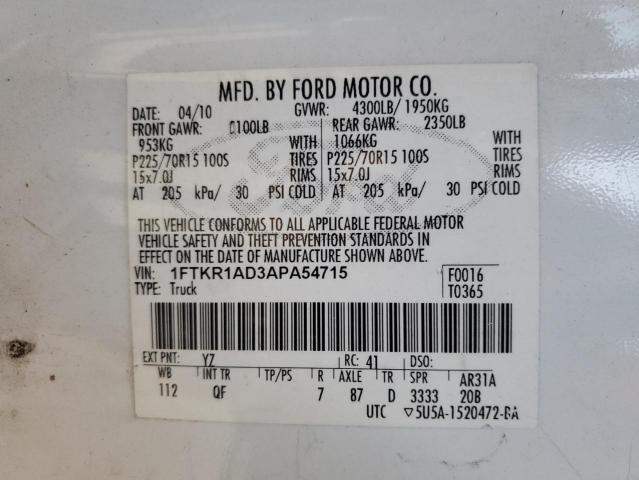 1FTKR1AD3APA54715 - 2010 FORD RANGER WHITE photo 12