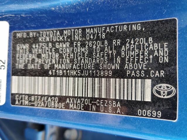 4T1B11HK5JU113899 - 2018 TOYOTA CAMRY L BLUE photo 12