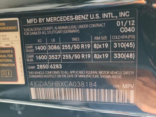 4JGDA5HBXCA038184 - 2012 MERCEDES-BENZ ML 350 4MATIC BLACK photo 13