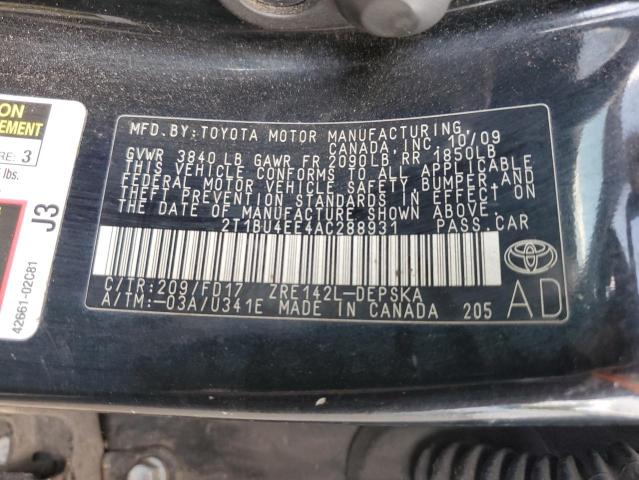 2T1BU4EE4AC288931 - 2010 TOYOTA COROLLA BASE შავი ფოტო 12