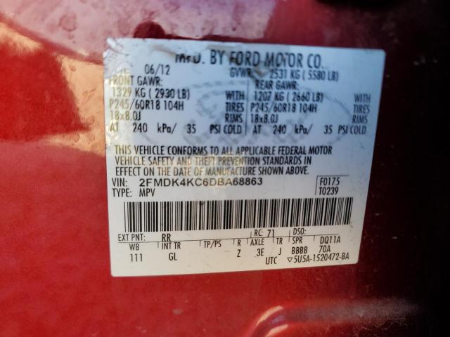 2FMDK4KC6DBA68863 - 2013 FORD EDGE LIMITED RED photo 12