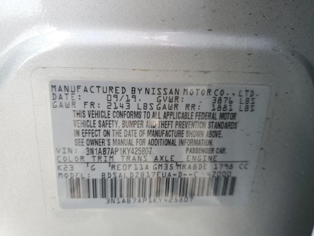 3N1AB7AP1KY425807 - 2019 NISSAN SENTRA S SILVER photo 12