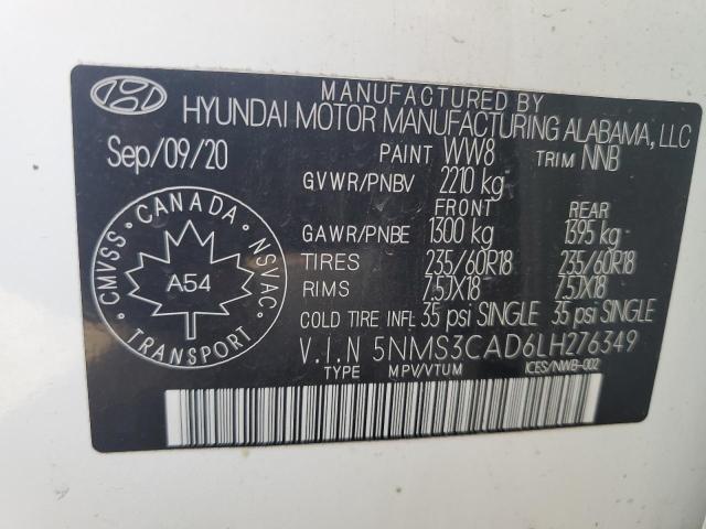 5NMS3CAD6LH276349 - 2020 HYUNDAI SANTA FE SEL WHITE photo 12
