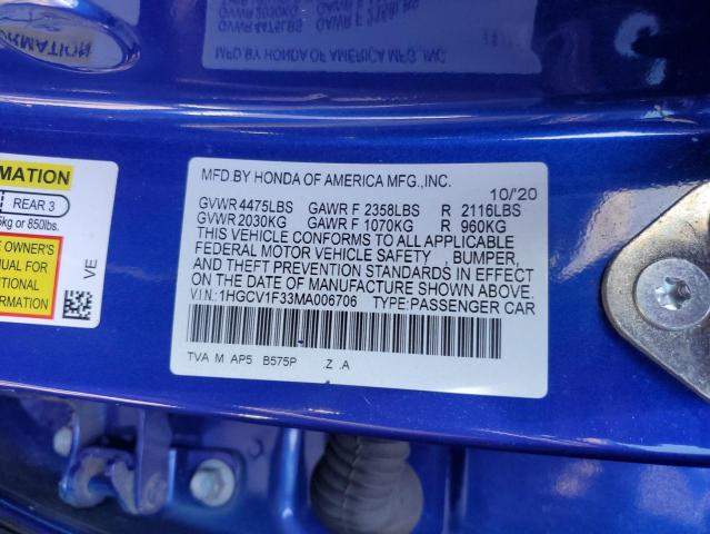 1HGCV1F33MA006706 - 2021 HONDA ACCORD SPORT 蓝色 照片 12