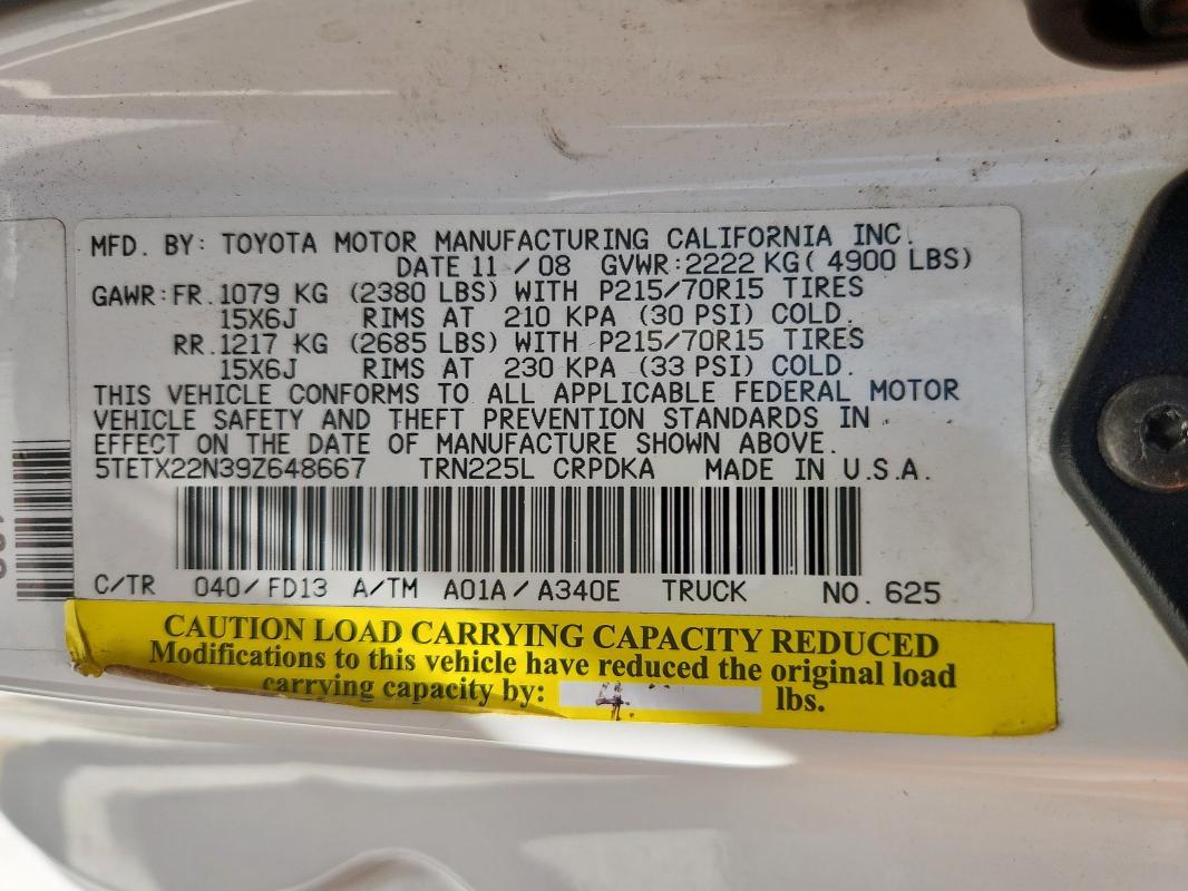 5TETX22N39Z648667 - 2009 TOYOTA TACOMA ACCESS CAB Ақ фото 12