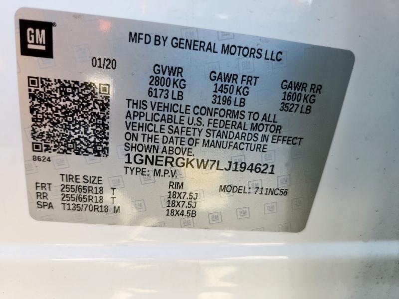 1GNERGKW7LJ194621 - 2020 CHEVROLET TRAVERSE LT WHITE photo 14