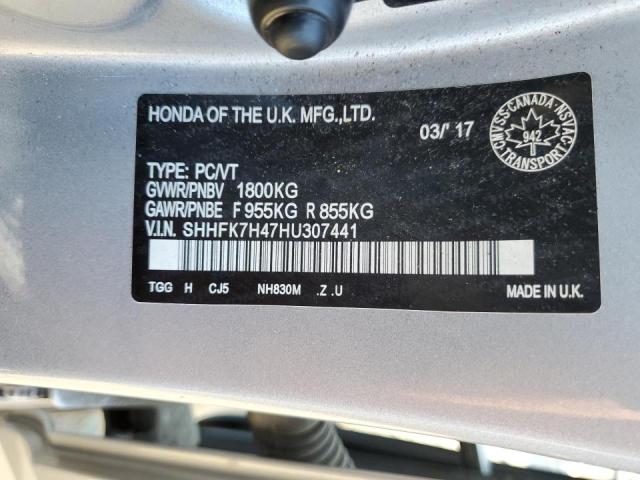 SHHFK7H47HU307441 - 2017 HONDA CIVIC SPORT SILVER photo 12