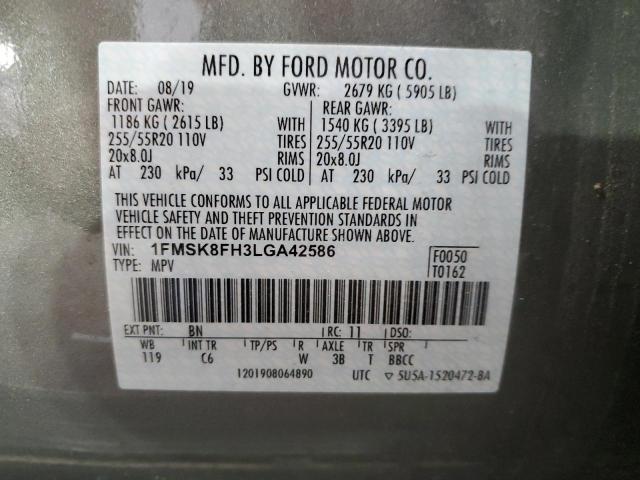 1FMSK8FH3LGA42586 - 2020 FORD EXPLORER LIMITED Grau Foto 12