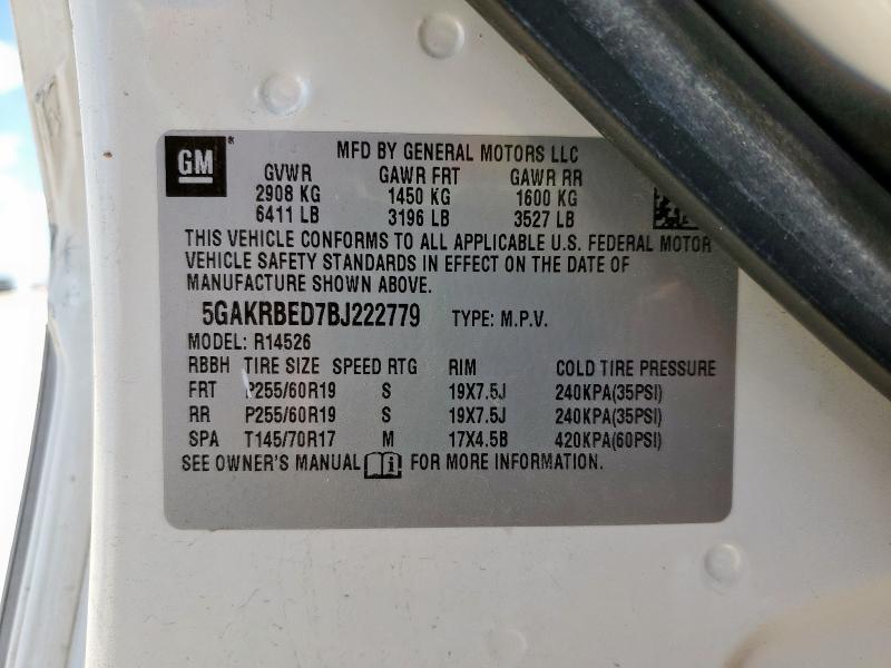 5GAKRBED7BJ222779 - 2011 BUICK ENCLAVE CXL WHITE photo 13