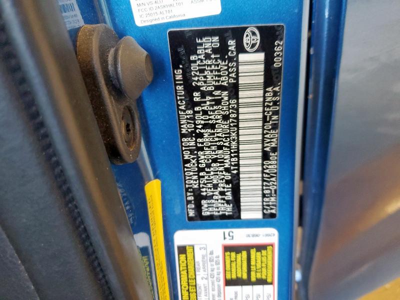 4T1B11HK3KU178736 - 2019 TOYOTA CAMRY L ლურჯი ფოტო 12