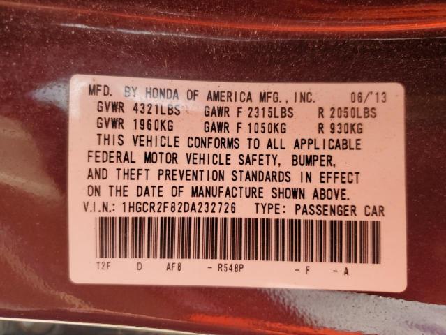 1HGCR2F82DA232726 - 2013 HONDA ACCORD EXL BURGUNDY photo 12