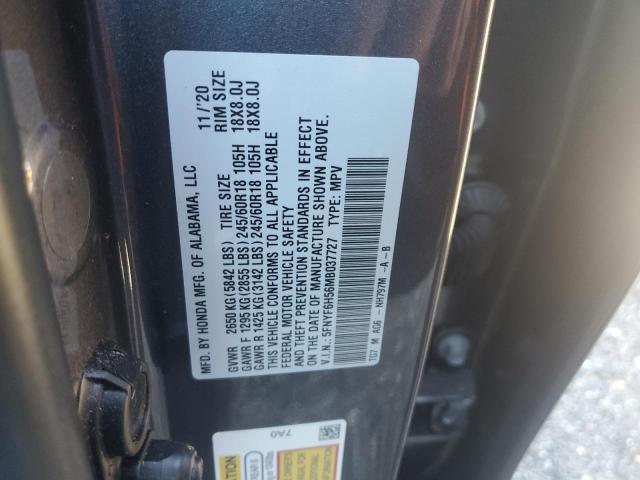 5FNYF6H56MB037727 - 2021 HONDA PILOT EXL GRAY photo 13