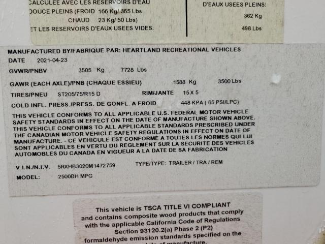 5RXHB3020M1472759 - 2021 HEARTLAND TRAILER 白色 照片 10