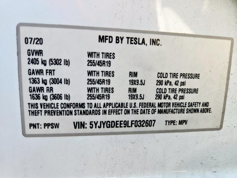 5YJYGDEE9LF032607 - 2020 TESLA MODEL Y WHITE photo 14