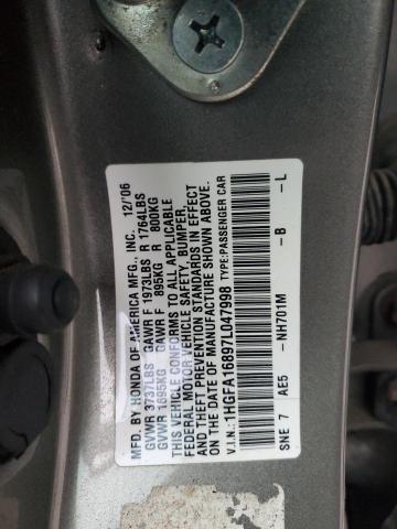 1HGFA16897L047998 - 2007 HONDA CIVIC EX GRAY photo 13