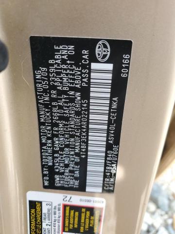 4T4BF3EK4AR022145 - 2010 TOYOTA CAMRY BASE GOLD photo 12