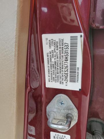 2HGES26774H531537 - 2004 HONDA CIVIC EX BURGUNDY photo 12