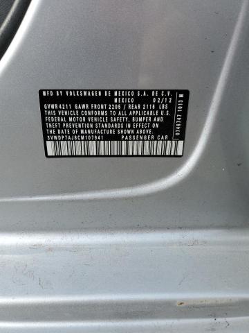 3VWDP7AJ8CM107941 - 2012 VOLKSWAGEN JETTA SE SILVER photo 13