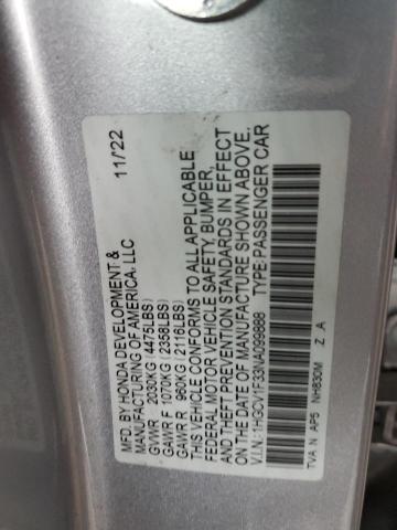 1HGCV1F33NA099888 - 2022 HONDA ACCORD SPORT 银色 照片 12