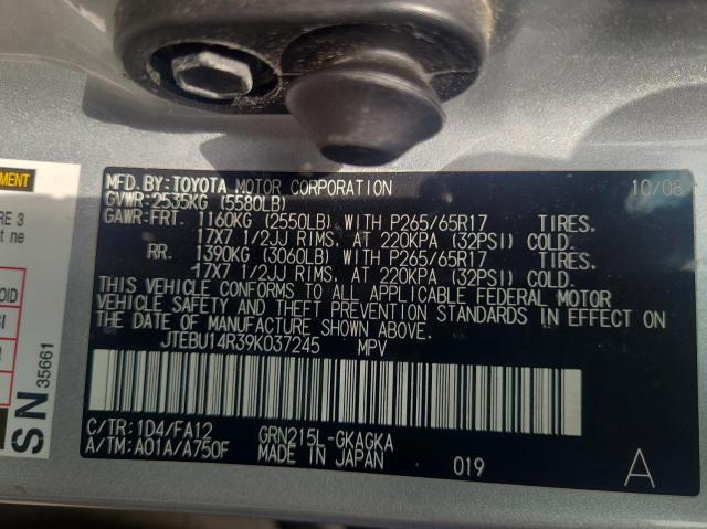 JTEBU14R39K037245 - 2009 TOYOTA 4RUNNER SR5 GRAY photo 10