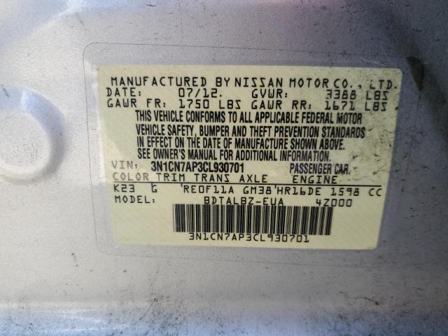 3N1CN7AP3CL930701 - 2012 NISSAN VERSA S SILVER photo 12