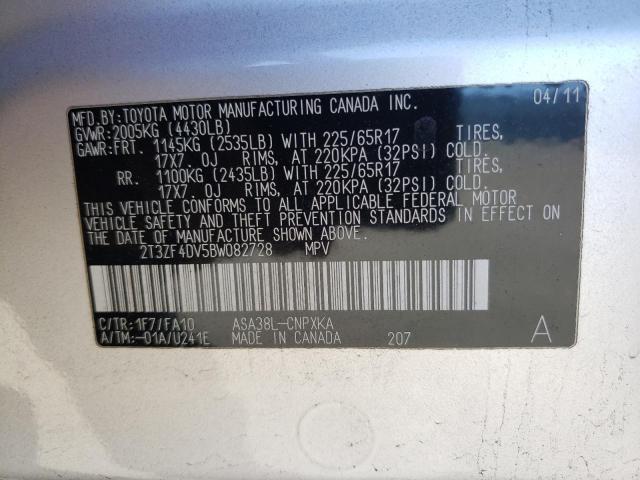 2T3ZF4DV5BW082728 - 2011 TOYOTA RAV4 SILVER photo 12