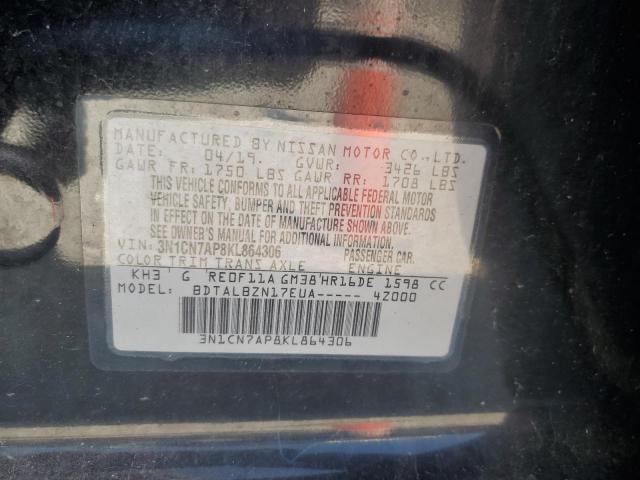 3N1CN7AP8KL864306 - 2019 NISSAN VERSA S Negro foto 12