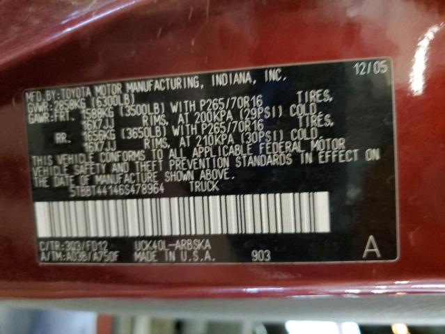 5TBBT44146S478964 - 2006 TOYOTA TUNDRA ACCESS CAB SR5 BURGUNDY photo 12