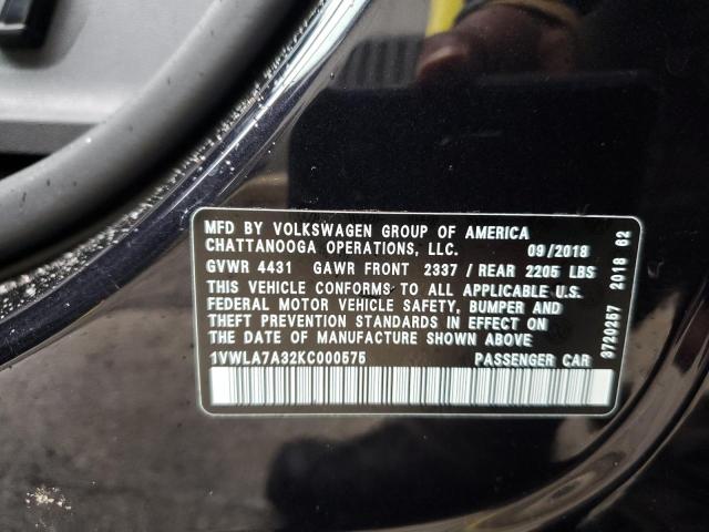 1VWLA7A32KC000575 - 2019 VOLKSWAGEN PASSAT WOLFSBURG BLACK photo 12