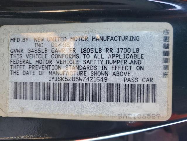 1Y1SK5285WZ421649 - 1998 CHEVROLET GEO PRIZM BASE GREEN photo 12