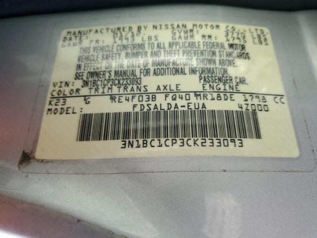 3N1BC1CP3CK233093 - 2012 NISSAN VERSA S SILVER photo 12